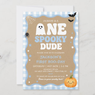 Blue Gingham Ghost Halloween 1st Birthday Invitation