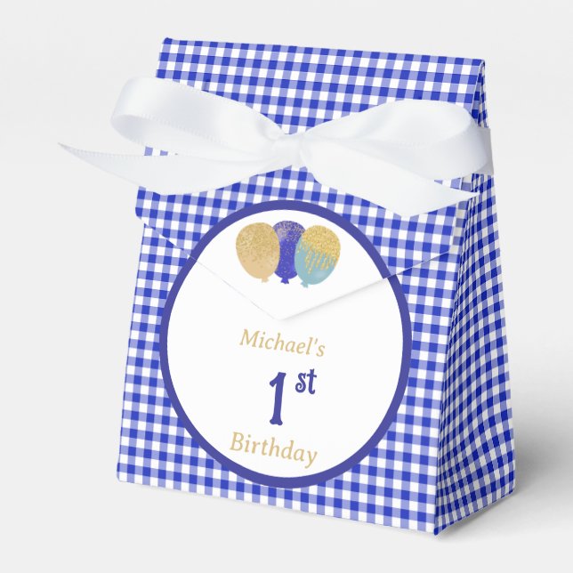 Blue Gingham Glitter Balloons Custom 3 Photos  Favour Box (Front Side)