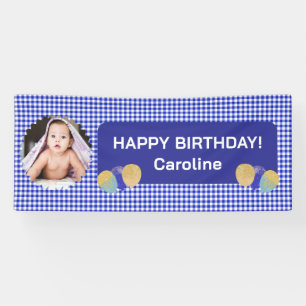 Blue Gingham Glitter Balloons Photo Birthday Banner