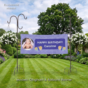 Blue Gingham Glitter Balloons Photo Birthday Banner