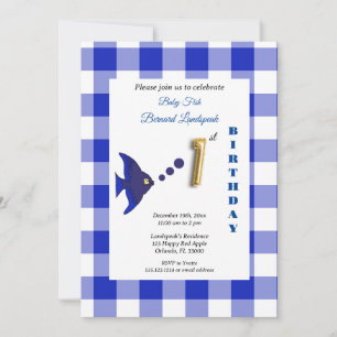 Blue Gingham Gold Foil Balloon Fish 1st Birthday Invitation