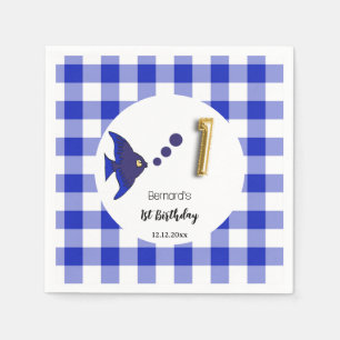 Blue Gingham Gold Foil Balloon Fish 1st Birthday Napkin