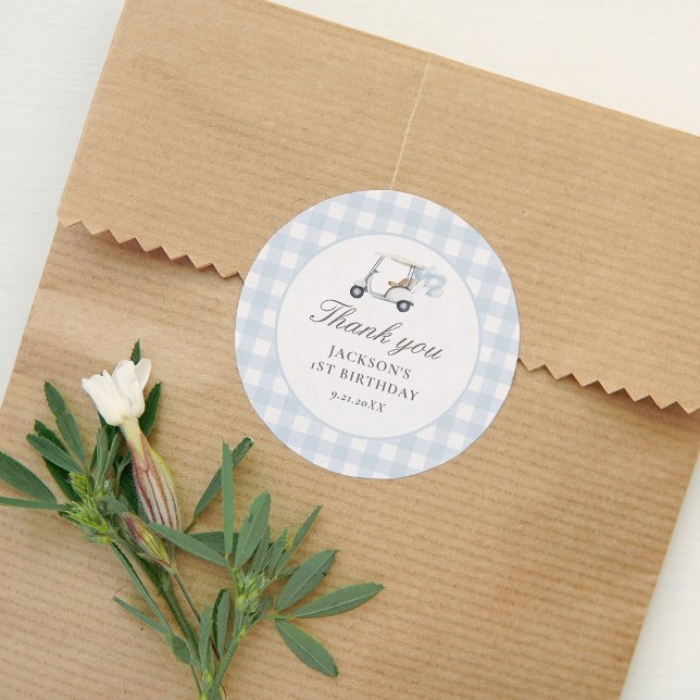 Blue Gingham Golf Birthday Classic Round Sticker (Creator Uploaded)
