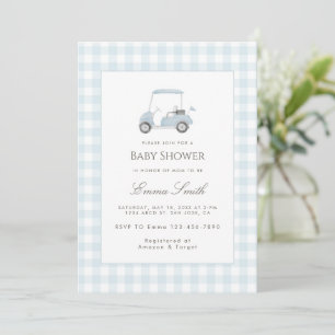 Blue Gingham Golf Cart Baby Shower Invitation