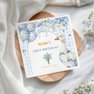 Blue Gingham Goose Balloons Boy First Birthday Napkin
