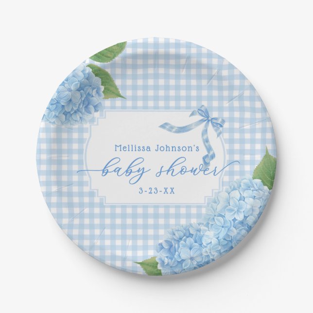Blue Gingham Hydrangea Boy Baby Shower Paper Plate (Front)