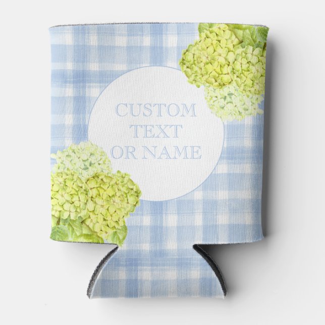 Blue Gingham Hydrangea Can Cooler (Front)