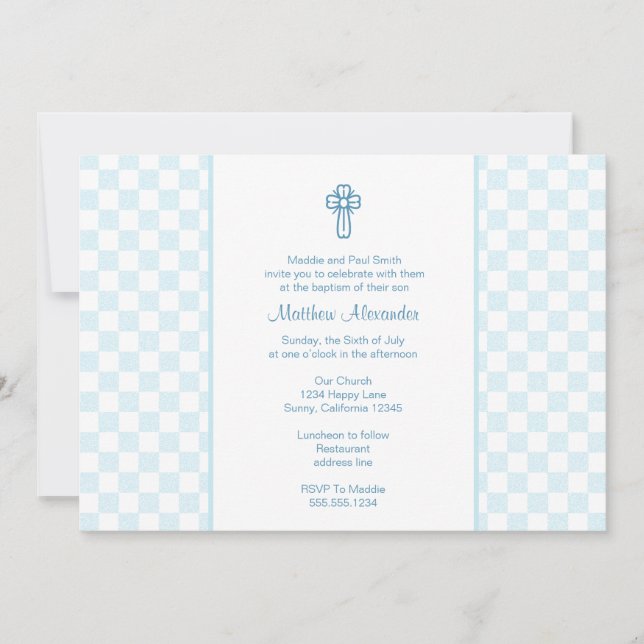 Blue Gingham Invite with Cross (Front)