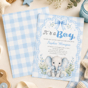 Blue Gingham It's A Boy Elephant Baby Shower Invitation