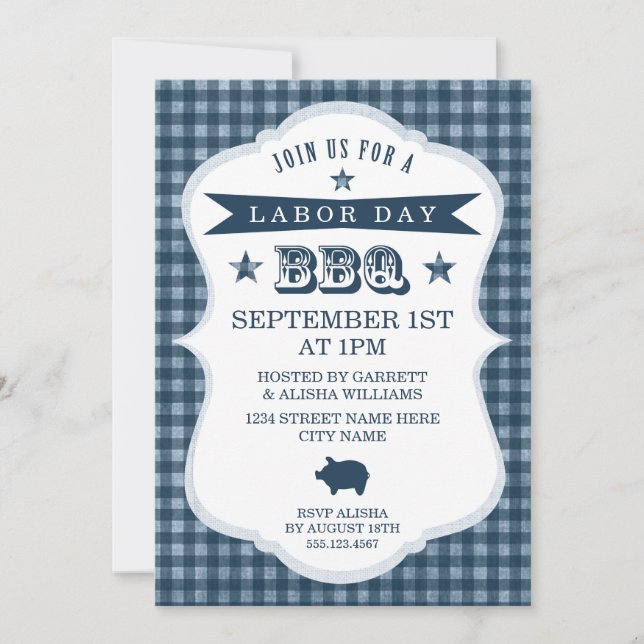 Blue Gingham Labour Day Barbecue Invitation (Front)