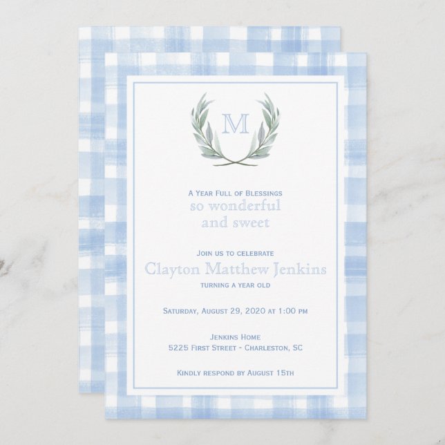 Blue Gingham Laurel Crest First Birthday Invitation (Front/Back)