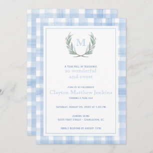 Blue Gingham Laurel Crest First Birthday Invitation
