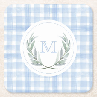 Blue Gingham Laurel Crest Paper Square Paper Coaster