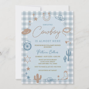Blue Gingham Little Cowboy Western Baby Shower Invitation