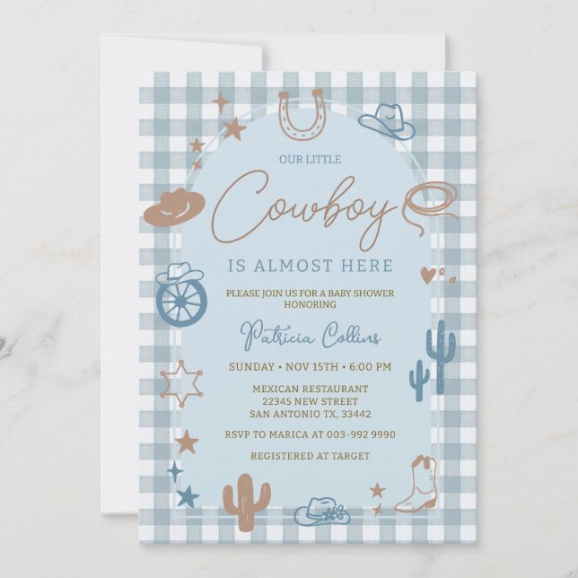 Blue Gingham Little Cowboy Wild West Baby Shower Invitation (Front)