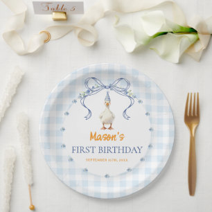 Blue Gingham Little Duckling Boy First Birthday Paper Plate