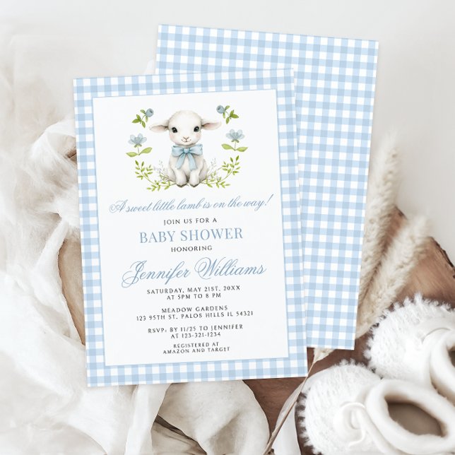 Blue Gingham Little Lamb Baby Boy Shower Invitation (Creator Uploaded)