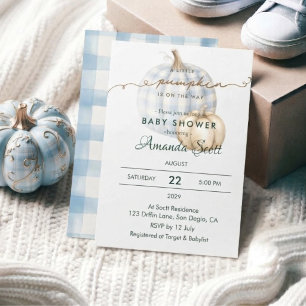 Blue Gingham Little Pumpkin Boy Baby Shower   Invitation