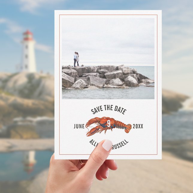 Blue Gingham Lobster Rustic Wedding Photo Save The Date (Creator Uploaded)