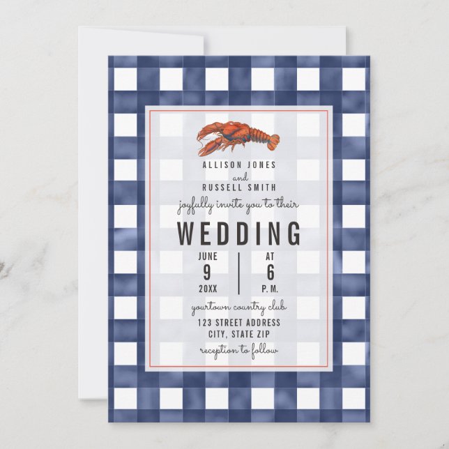 Blue Gingham Lobster Wedding Invitation (Front)