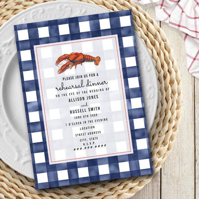 Blue Gingham Lobster Wedding Rehearsal Dinner Invitation (Creator Uploaded)