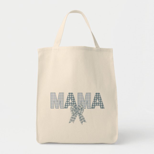 Blue Gingham MAMA with bow Tote Bag (Front)