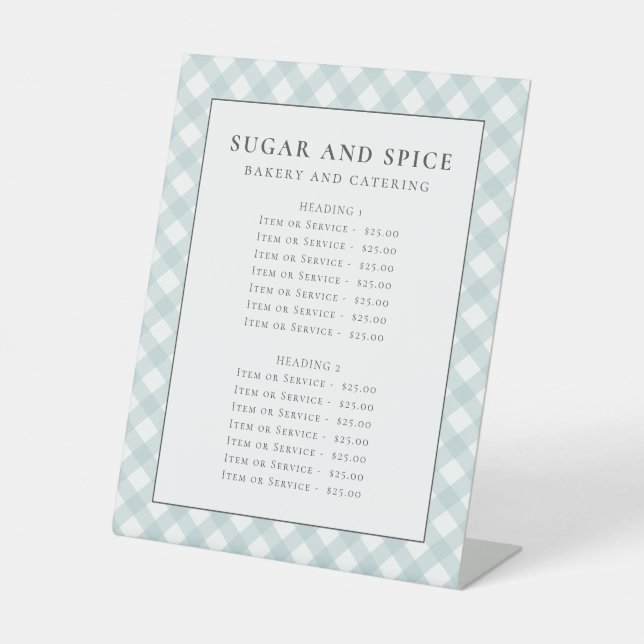 Blue gingham menu, product list, service list pedestal sign (Front)