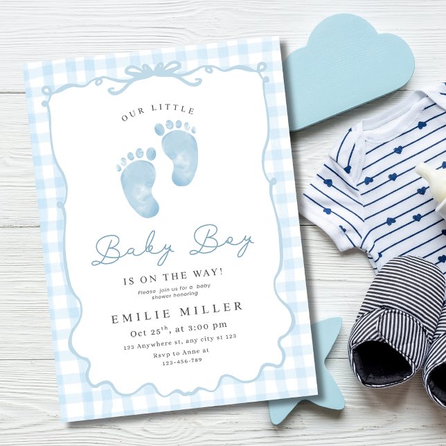Blue Gingham Minimalist Baby Boy Shower Footprints Invitation (Creator Uploaded)