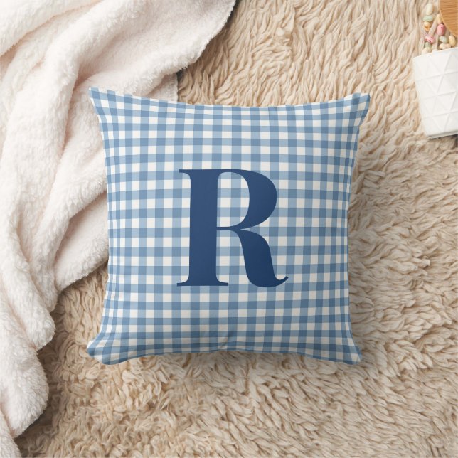 Blue Gingham Modern Monogram  Cushion (Blanket)
