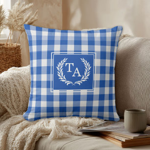 Blue Gingham Monogram Crest Cushion