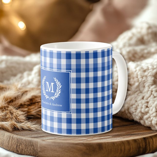 Blue Gingham Monogram Crest Custom Coffee Mug (Blue Gingham Monogram Crest Custom Coffee Mug)