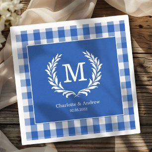 Blue Gingham Monogram Crest Custom Napkin