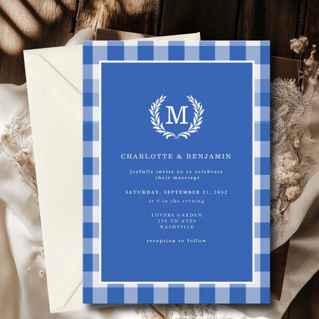 Blue Gingham Monogram Crest  Invitation (Blue Gingham Monogram Crest Invitation. Print & Instant Download.)