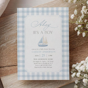Blue Gingham Nautical Sailboat Baby Shower Invitation