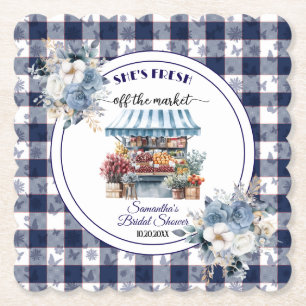 Blue Gingham Off the Market Floral Bridal Shower Paper Coaster