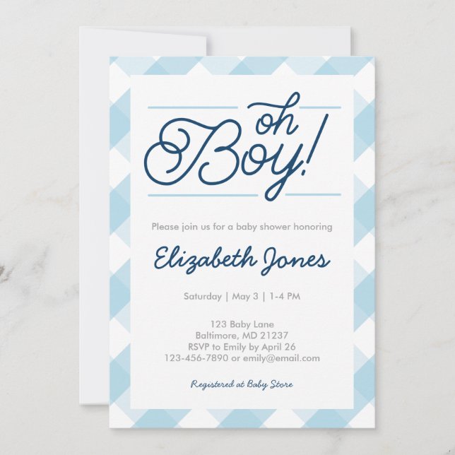 Blue Gingham "Oh Boy" Baby Shower Invitations (Front)