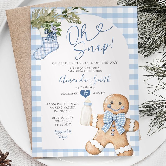 Blue Gingham Oh Snap Christmas Boy Baby Shower Invitation (Creator Uploaded)