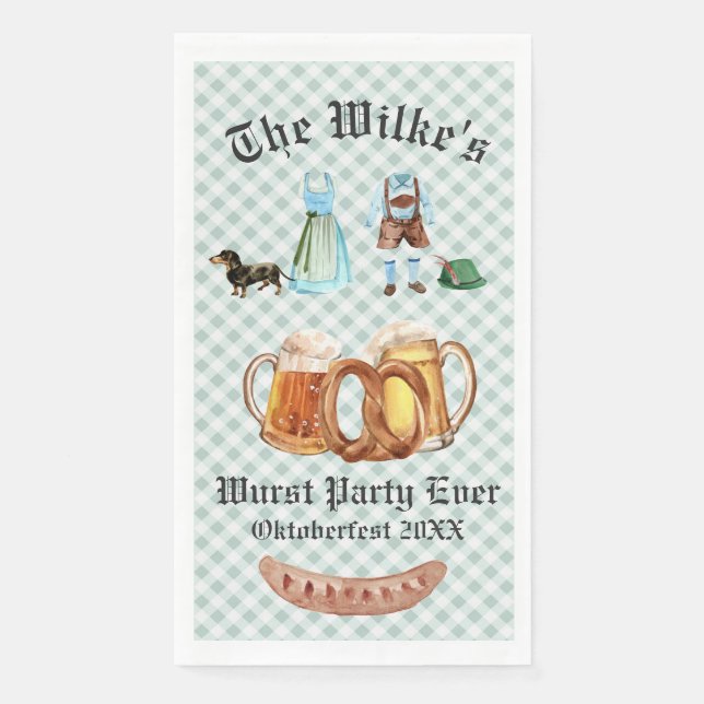 Blue Gingham Oktoberfest Party Cocktail Napkins (Front)