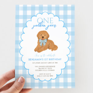Blue Gingham One Golden Year 1st Birthday Puppy Invitation