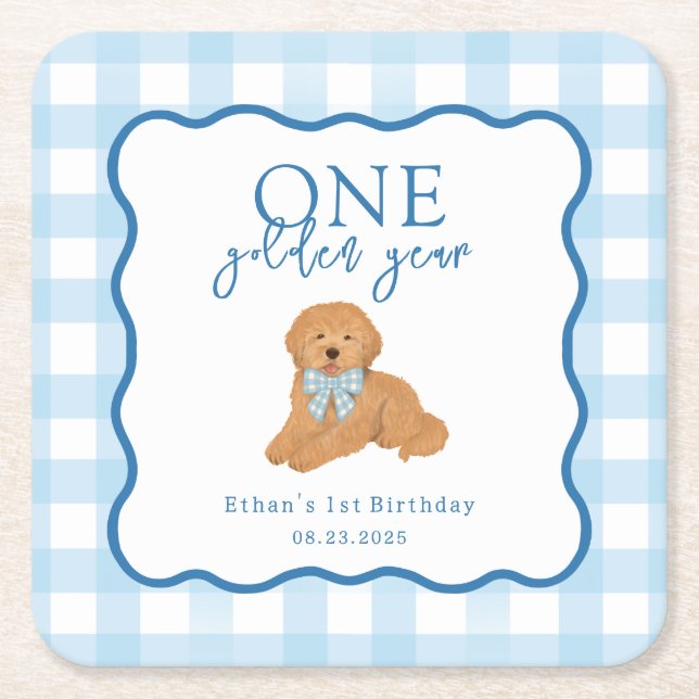 Blue Gingham One Golden Year First Birthday Square Paper Coaster (Front)
