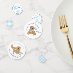 Blue Gingham One Golden Year Puppy Birthday Table Confetti