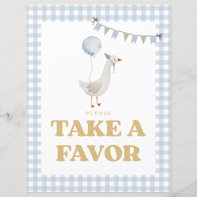 Blue Gingham One Silly Goose Party Favour Sign (Front)