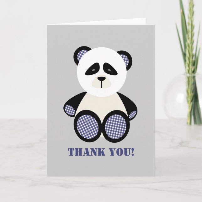 Blue Gingham Panda Bear Baby Shower Thank You Card (Front)