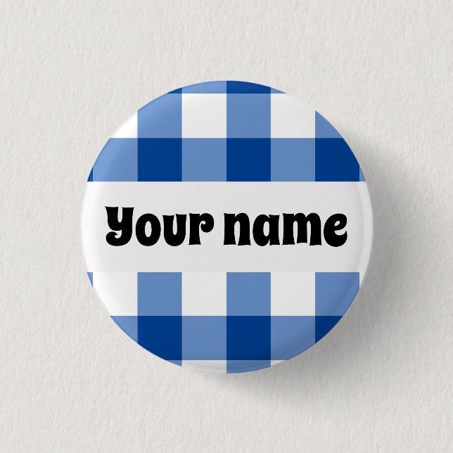 Blue gingham pattern 3 cm round badge (Front)