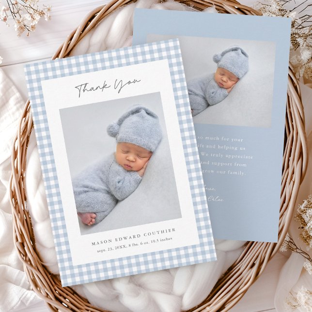 Blue Gingham Pattern Boys Baby Thank You Card (Blue Gingham Boys Baby Photo Thank You Cards.)