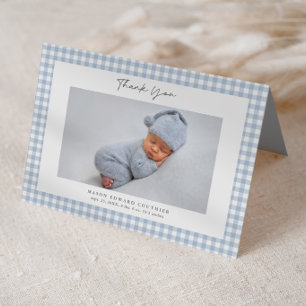 Blue Gingham Pattern Boys Photo Thank You Card