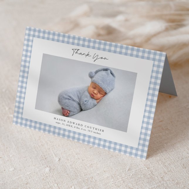 Blue Gingham Pattern Boys Photo Thank You Card (Blue Gingham Check Baby Boys Photo Thank You Note Cards.)