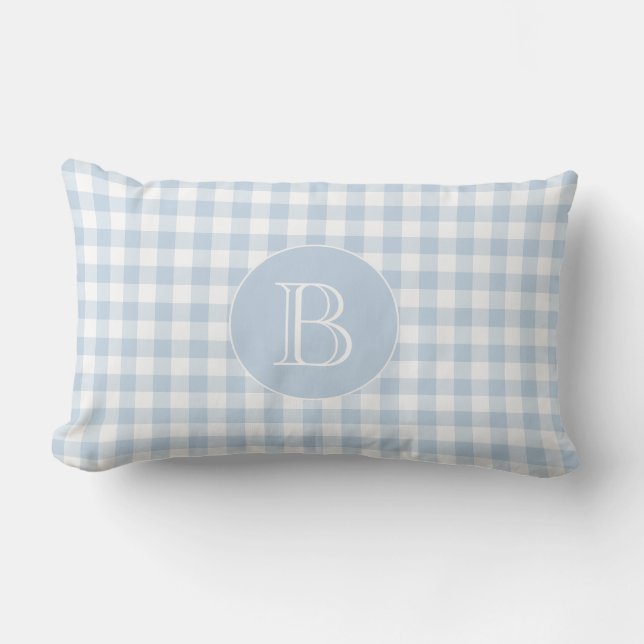Blue Gingham Pattern Custom Monogram Lumbar Cushion (Front)