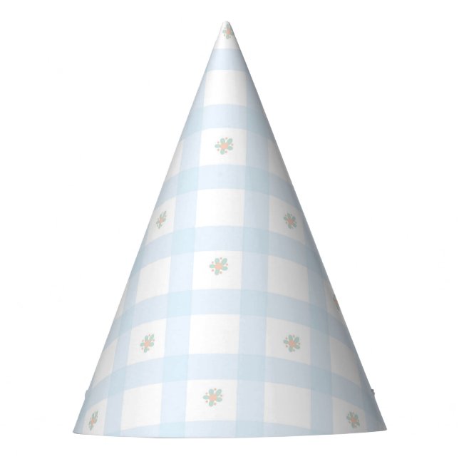 Blue Gingham Pattern Floral CartoonParty Supplies  Party Hat (Front)