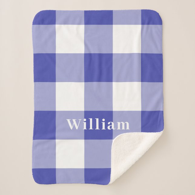 Blue Gingham Pattern Monogram Name Sherpa Blanket (Front)